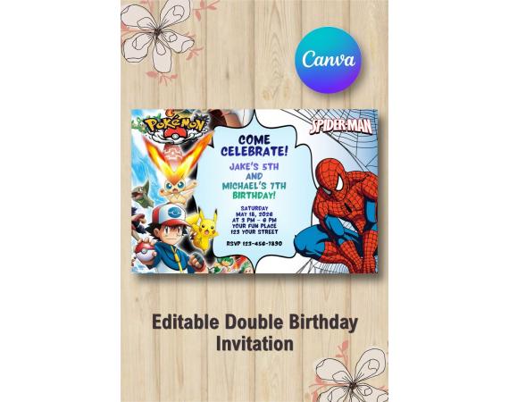Twin Pokémon and  Spiderman Invitation | Canva Template
